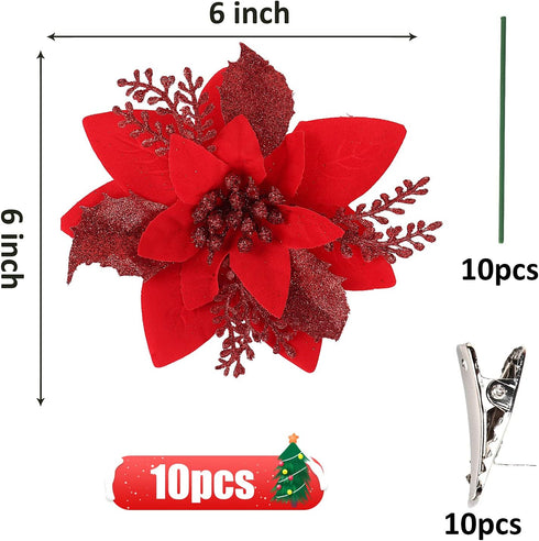 RECUTMS 10 PCS Red Glitter Poinsettia Flowers Christmas Tree Ornaments Fake Christmas Flowers Artificial Christmas Flowers Decorations Wedding Xma...