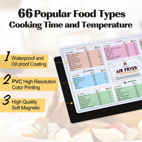 Air Fryer Magnetic Cheat Sheet Cookbook Cooker Accessories Magnet Cooking Times Chart Quick Reference Guide for 66 Common Prep Functions...