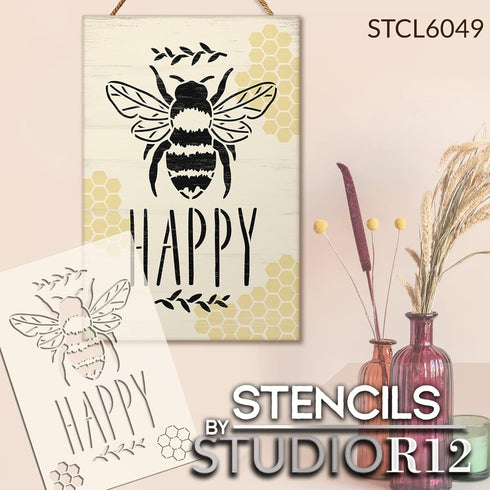 Bee Happy with Bee Stencil by StudioR12 | Craft DIY Spring Home Decor | Paint Inspirational Wood Sign | Reusable Mylar Template | Select Size (8 i...