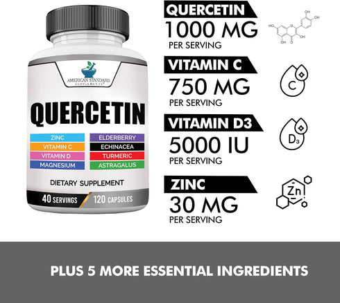 American Standard Supplements Quercetin 1000mg Per Serving with Zinc, Vitamin C, Vitamin D3, Magnesium, Elderberry, Echinacea, Turmeric, Astragalu...