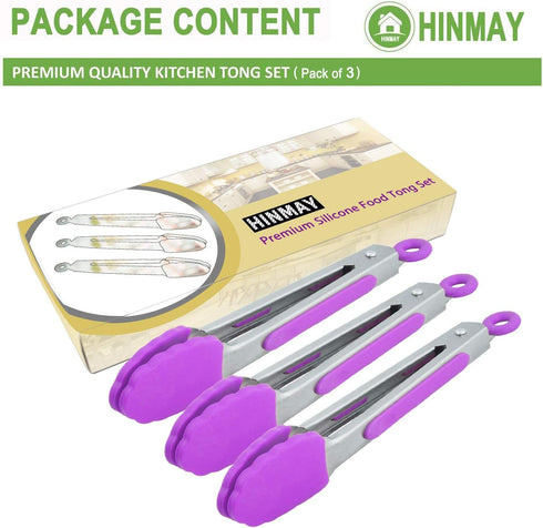 Small Kitchen Tongs 7 Inch Mini Silicone Appetizers Tongs, Set of 3 (Purple)...