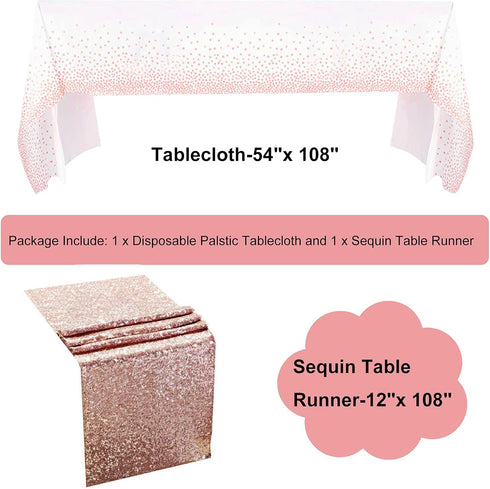 Rose Gold Tablecloth Sequin Table Runner Set, White Party Decorations, Rectangle Disposable Plastic Table Cloths for Parties, Wedding, Birthday, A...