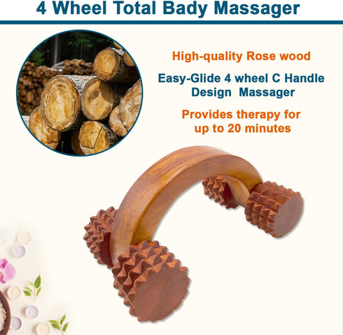 HATHKAAM Massage Roller, 5.5" Rosewood Handheld 4 Wheel Accupressure Unisex Massager for Full Body Pain Relief Cellulite, Trigger Point, Lymphatic...