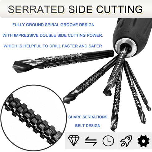 JONMON Titanium Coated HSS Twist Drill Bits - 3-8mm Serrated Side Cutting Tap Spiral Saw Grooving Drill Bit Hole Holesaw Tool for Carpenter Woodwo...