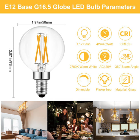 BRIMAX 10 Pack G16.5 Light Bulbs,Dimmable 4W E12 LED Bulbs Equivalent 40W Bulbs,Small Globe Edison Bulb 2700K Warm White,AC120V,Flicker Free for C...