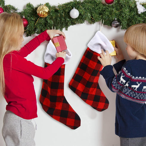 DERAYEE 6 Pack Christmas Stockings Bulk, 18 Inch Large Red Black Buffalo Plaid Fireplace Hanging Stockings for Family Holiday Xmas Party Decoratio...