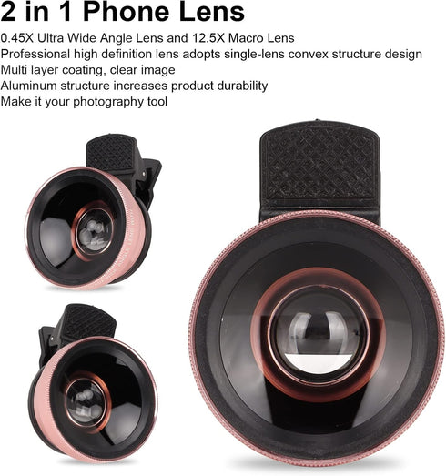 2 in 1 Cell Phone Lens Kit, 0.45X Wide Angle 12.5X Macro Phone Camera Lens, Professional Cell Phone Lens with Clip, Detachable HD Lens with Storag...