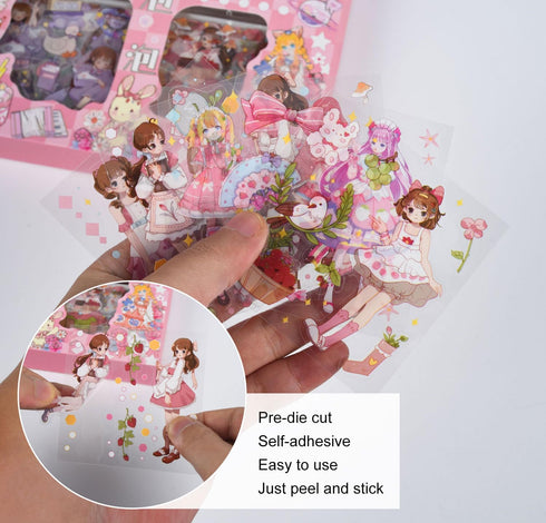 EAMOTOL 100 Sheets Kawaii Girls Stickers Kit for Journaling - Cute Sweet Cartoon PET Transparent Collage Scrapbooking Supplies Sticker Decal for J...