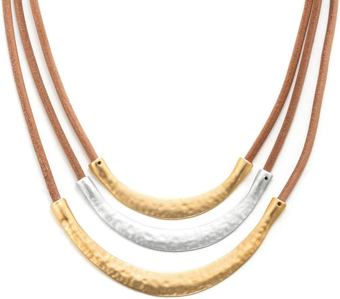 COOLSTEELANDBEYOND Three-Row Brown Leather Choker Collar Statement Necklace with Gold Grey Silver Textured Metal Charms...