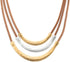 COOLSTEELANDBEYOND Three-Row Brown Leather Choker Collar Statement Necklace with Gold Grey Silver Textured Metal Charms...