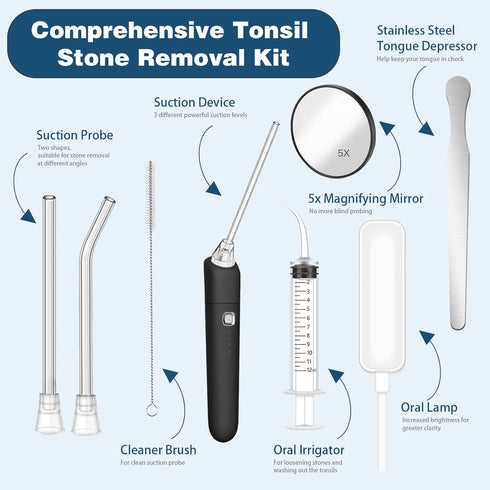 Electronic Vacuum Tonsil Stone Remover - Tonsil Stone Removal Kit - Free Instant Suction - Include Oral lamp, Oral Irrigator, 5X Magnifying Mirror...