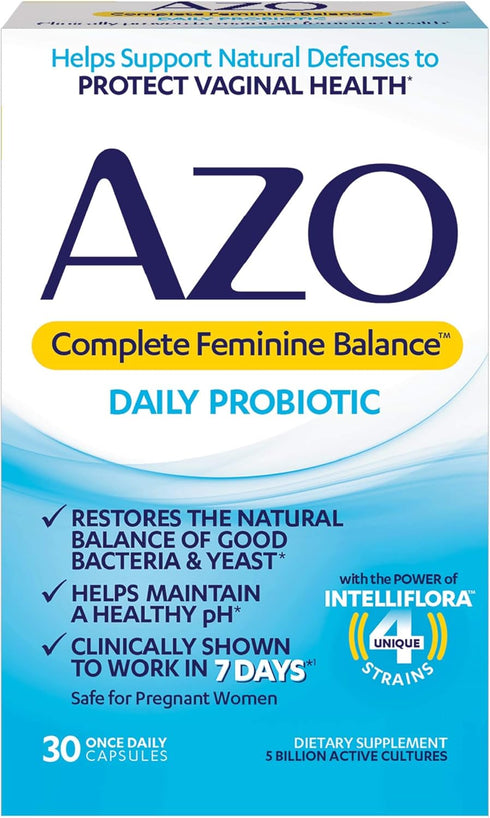 AZO Complete Feminine Balance Daily Probiotics for Women, Clinically Proven to Help Protect Vaginal Health, balance pH and yeast, Non-GMO, 30 Coun...