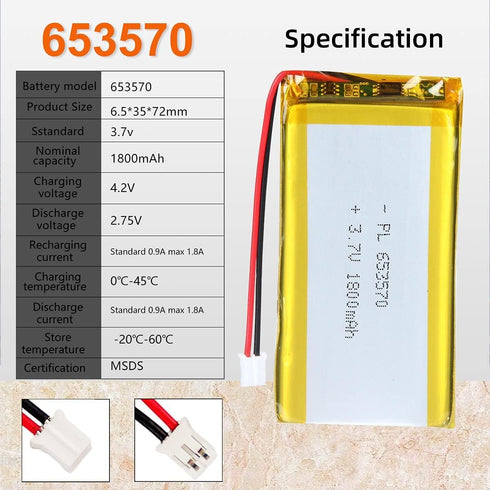 3.7V 1800mAh 653570 Lipo Battery Rechargeable Lithium Polymer ion Battery Pack with JST Connector...