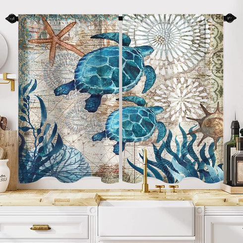 Nautical Blue Sea Turtles Beach Short Kitchen Window Curtains Ocean Starfish Half Bathroom Curtain for Bedroom Set of 2 Panels 27.5 W x 39 L Inche...