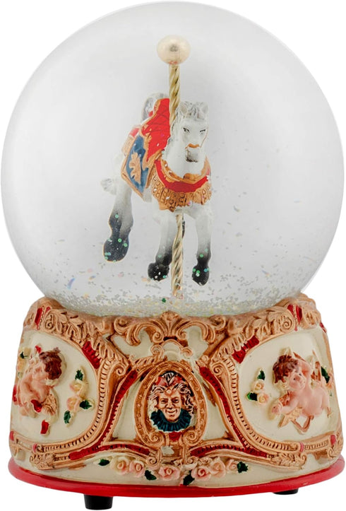 Gilded Gold Tone Cupid and Carousel Horse 100MM Musical Water Globe Plays Tune Unchained Melody...