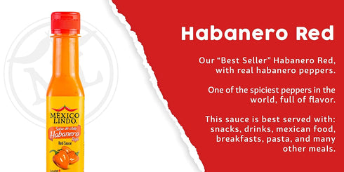 MEXICO LINDO Red Habanero Hot Sauce, Real Red Habanero Chili Pepper, 78,200 Scoville Level, Enjoy with Mexican Food, Seafood & Pasta, 5 Fl Oz Bott...