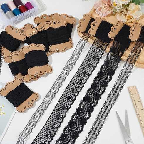 BENECREAT 37.5 Yards 15 Rolls Mixed Black Floral Pattern Fabric Lace Ribbon for Wedding Invitation, Cards, Decorating, Sewing, Hair Bow Making, Gi...