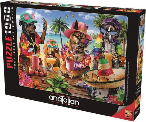 Anatolian Puzzle - Dogs Drinking Smoothies on a Tropical Beach -1000 Piece Jigsaw Puzzle #1102, Multicolor...