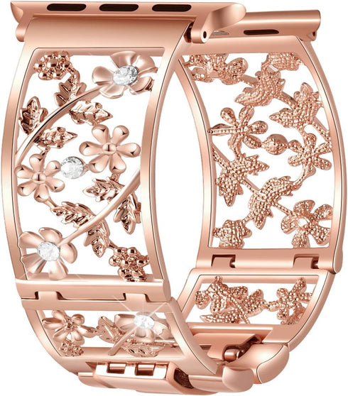 Floral Band Compatible with Apple Watch Jewelry Band 38mm 40mm 41mm 42mm iWatch Bands Series 10 9 8 7 SE,Bling Crystal Bracelet Hollow Metal Strap...