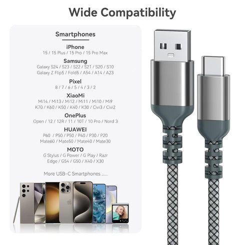 USB C Charger Cable, Fast Charging Type C Cable, Nylon Braided USB A to USB C Cable for iPhone 15/15 Pro, MacBook, iPad, Samsung Galaxy, and Other...