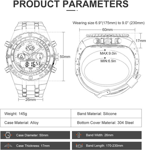GOLDEN HOUR Luxury Military Sports Men's Watches Large Size Big Face 3ATM Waterproof, Stopwatch, Date and Date, Alarm, Luminous Digital Analog Wri...