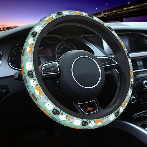 Steering Wheel Cover for Women Men Colorful Cats Kitten Kitty Green Neoprene Steering Wheel Protector Universal Fit Most Car Sedans SUVs - 15 Inch...