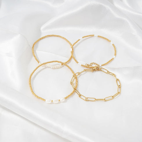 Gold Pearl Beaded Bracelets for Women Stackable Set, Elegant Delicate Paperclip Link Stretch Chain Summer Bracelet Dainty Trendy Gold Jewelry Birt...