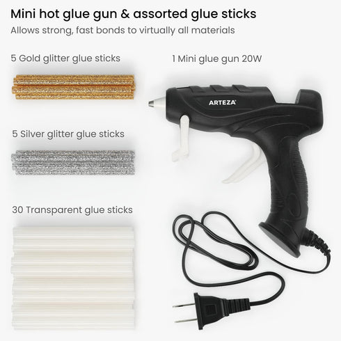 ARTEZA Mini Glue Gun for Crafting, 20W, 30 Clear and 10 Glitter Glue Sticks, Built-in Stand, Craft and Scrapbooking Supplies...