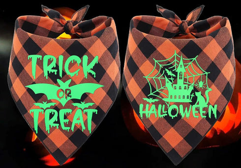 Glow in The Dark Halloween Dog Bandana Scarf, 2 Pack Holiday Fall Dog Bandanas Plaid Triangle Reversible Scarves Bibs for Small Medium Large Dogs ...