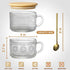 LANDNEOO 4pcs Set Vintage Coffee Mugs gifts for women, Overnight Oats Containers with Bamboo Lids and Spoons - 14oz Clear Embossed Glass Cups, Cut...