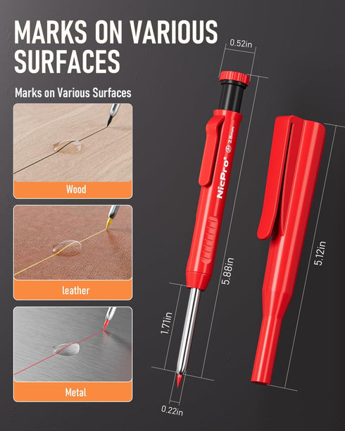 Nicpro 2Pack Carpenter Pencil with Sharpener, Mechanical Carpenter Pencils with 26 Refills (Red, Black, Yellow), Deep Hole Marker Construction Hea...