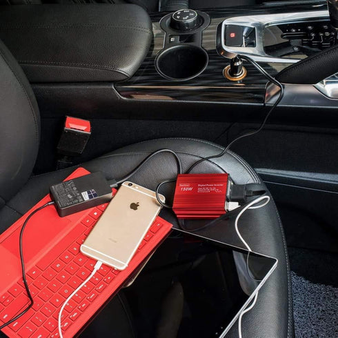 150W red car Power Inverter Converter Plug Adapter 12V to 110V 3.1A Dual USB Outlet for Travel Camping Outdoor All Smartphones Road Trips with Fas...