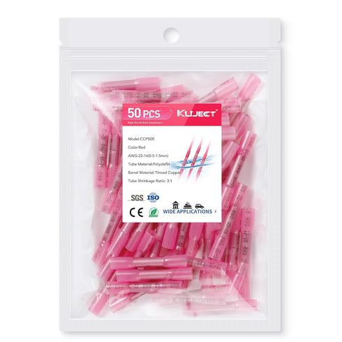 Kuject 50PCS Heat Shrink Butt Connectors 22-16 AWG, Insulated Waterproof Butt Connectors, Tinned Copper Electrical Wire Crimp Terminals Butt Splic...