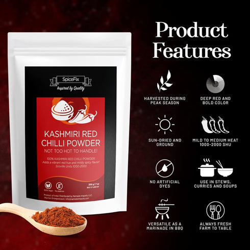 SpiceFix - Kashmiri Red Chilli Powder, Mild to Medium Heat Sun-Dried Indian Red Chili Powder, Natural Ground Vegan Kashmiri Spice in a Resealable ...