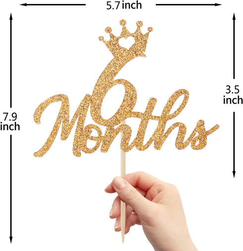 Gold Glittery 6 Months Cake Topper for Baby's Half Year Old Birthday Party, 1/2 Birthday, First Birthday, Baby Shower, Half Year Anniversary Party...