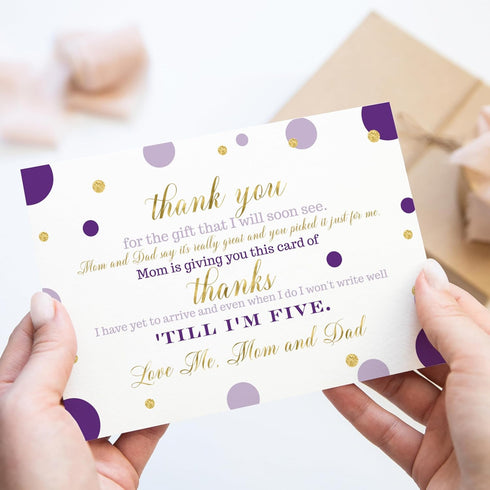 Paper Clever Party Purple and Gold Baby Shower Thank You Cards with Envelopes - Blank Notes with Prefilled Message - Personalize for Girls Gifts -...