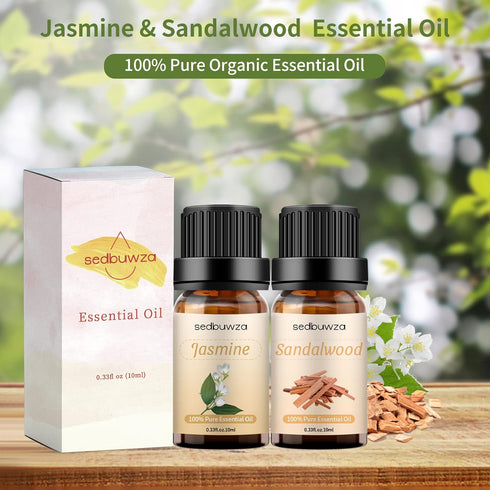 Sedbuwza Sandalwood Oil Jasmine Essential Oil Gift Set, 100% Pure Organic Aromatherapy Oil Set for Diffuser, Massage, Soap, Candle Making - 2 x 10...