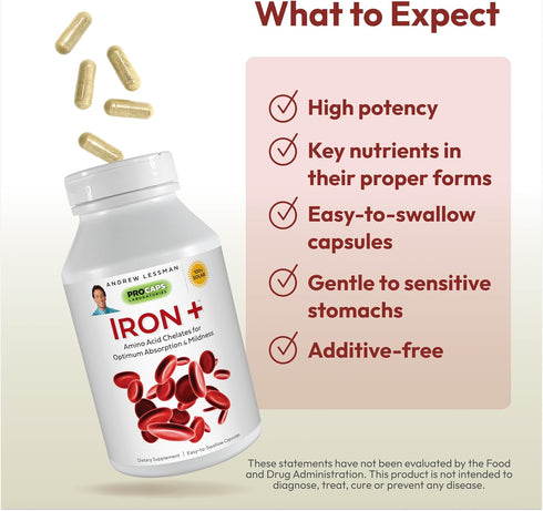 ANDREW LESSMAN Iron Plus 90 Capsules - 18mg Iron, 100% Pure Amino Acid Chelated Iron (Glycinate, Aspartate), Plus Vitamin C for Increased Absorpti...
