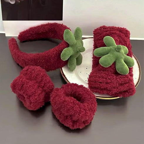 Ivyu Spa Skincare Headbands& Wristband Set?Cute Strawberry Makeup Headband For Women Girls,Non Slip Sponge Headband?Skincare-Padded Soft Thick Ter...
