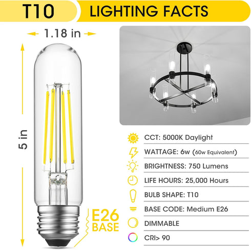 E26 LED Bulb 6W Equal 60 Watt Light Bulbs Daylight 5000K E26 Edison Bulb AC120V 750lm Dimmable 5 Inch Long Tubular T10 LED Bulb for Rustic Pendant...