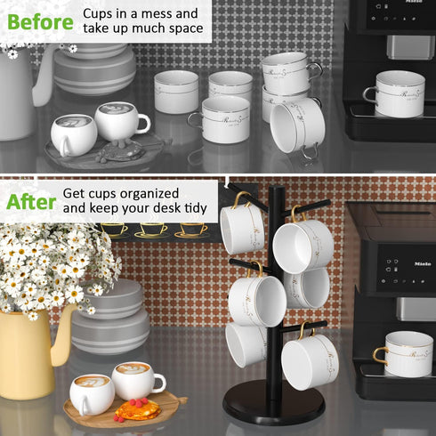 Wisuce Black Coffee Mug Tree, Updated Thick Bamboo Mug Holder Base,Coffee Cup Stand Mug Holders with 8 Hooks for Countertop Coffee Mug Rack Organi...
