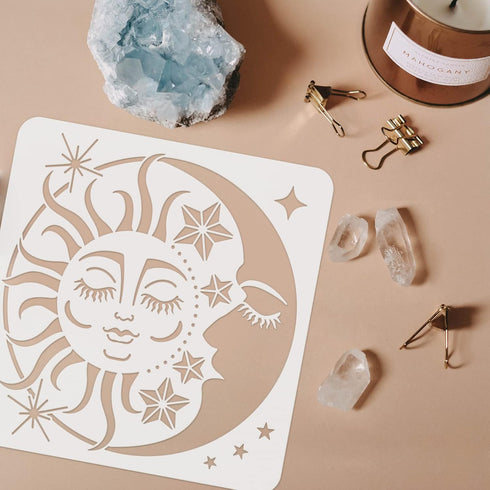 FINGERINSPIRE 12 Pcs Sun and Moon Stencil 11.8x11.8 inch Mandala Sun Moon Stencils Plastic Moon Sun Flower Star Pattern Stencils Resuable Tree of ...