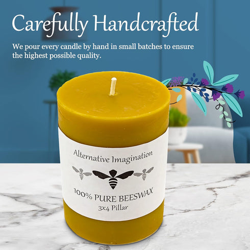 100% Pure Beeswax Candle - Medium Pillar Candle - 60 Hour Burn Time - 3x4 Inch - Alternative Imagination...
