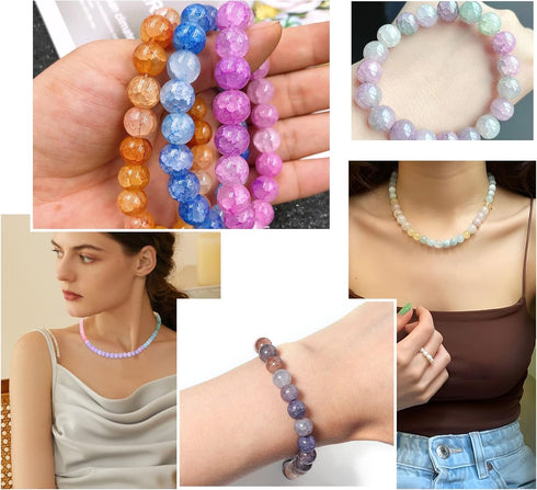 Round Glass Beads for Jewelry Making,8mm Crackle Glass Beads 15 Colors Smooth Crystal Beads Bracelet Making Kits with Elastic Thread for Bracelets...