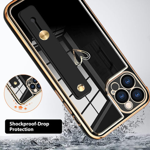 KANGHAR Designed for iPhone 13 Pro Max Case with Strap Luxury Love Heart Plating Gold Bumper Phone Cover Wristband Kickstand Full Body Protective ...