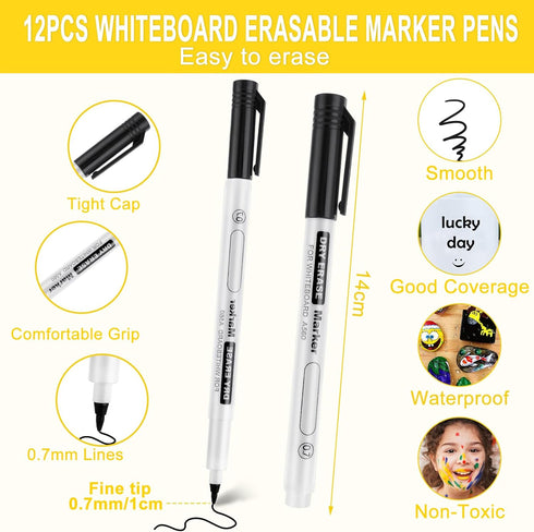 Sibba Black Dry Erase Markers Ultra Fine Tip, Pack of 12, 0.7mm, White Board Markers for School,Office,Home,or Planning Dry Erase Board...
