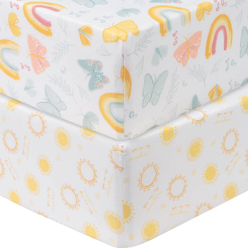 Sammy & Lou Butterfly Sunshine 2-Pack Microfiber Fitted Crib Sheet Set, Fits Standard Crib Mattress 28 in x 52 in; Fully Elasticized,...