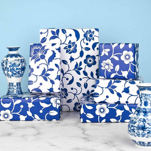 Bolsome 12 Sheets Blue Floral Wrapping Paper Blue White Flowers Patterned Gift Wrap Paper Chinoiserie Art Paper for Bridal Shower Wedding Spring T...