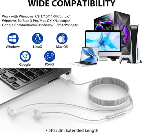 USB Headphone for PC Laptop Magnetic Wired Earbuds Computer Headset with Microphone Control Mute Mic Noise Canceling in-Ear Silicone Cap Corded Ea...