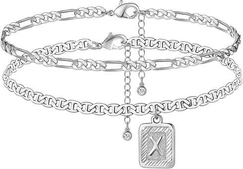 Wowshow Ankle Bracelets for Women Men Initial Anklet Square Pendant Letter X Layered Anklet White Gold Plated Flat Marina Foot Chain Gift...